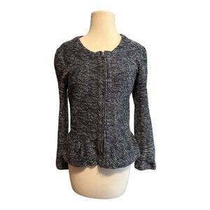 J Crew Tweed Peplum Jacket Blue‎ Full Zip Long Sleeve Textured Fitted  MED